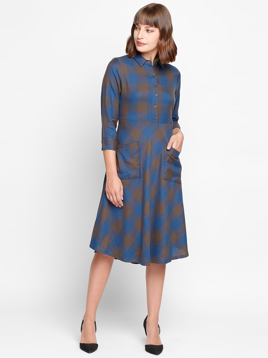 

AND Women Brown & Blue Checked Fit and Flare Dress