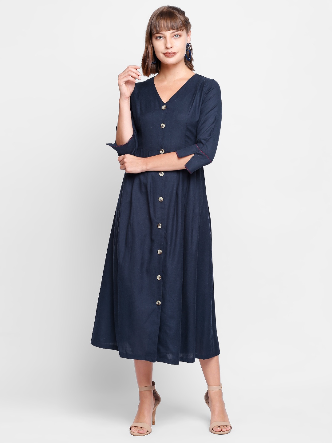 

AND Women Navy Blue Solid A-Line Dress