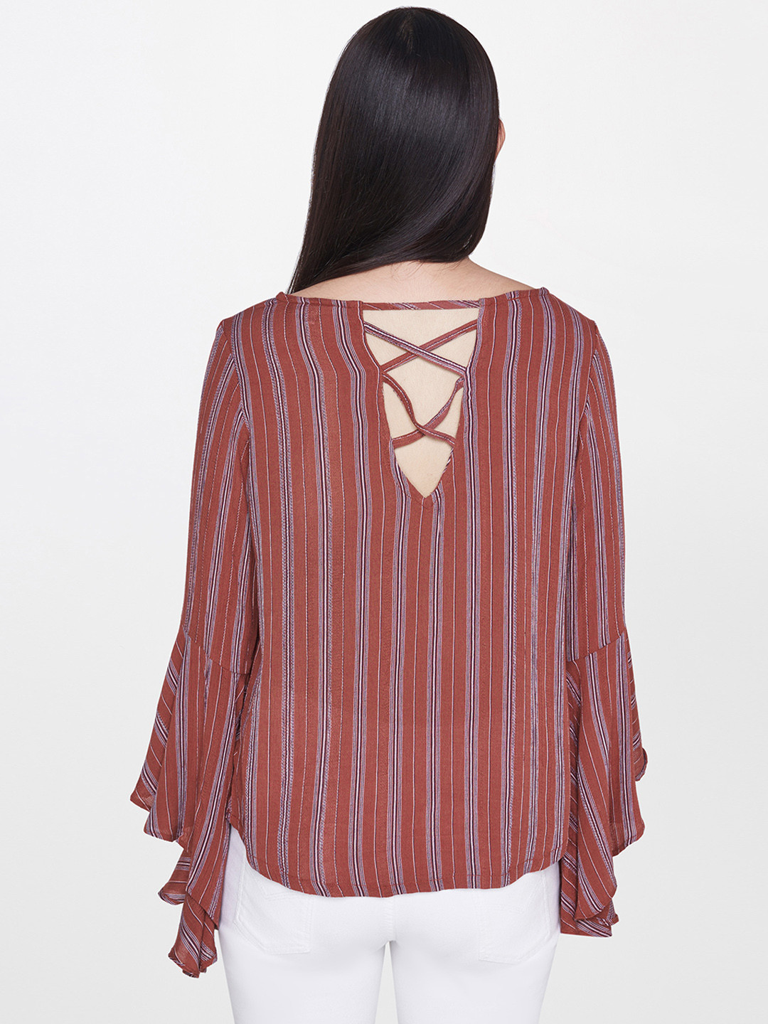 

AND Women Rust Brown & White Striped Styled Back Top