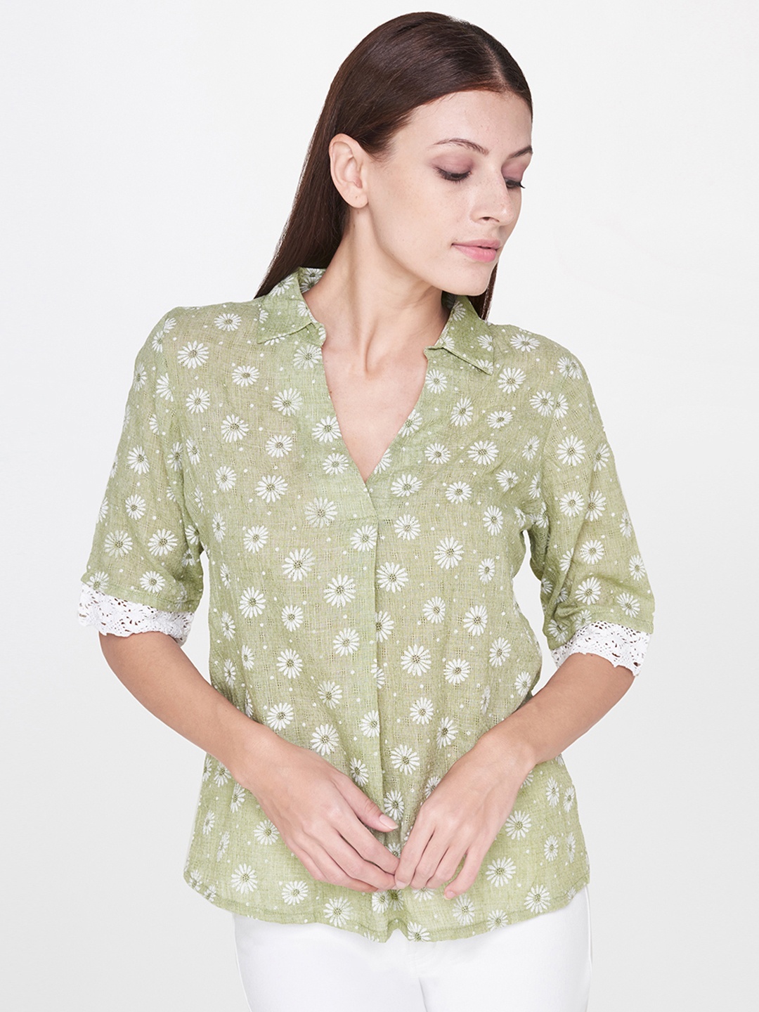 

AND Women Green & White Printed Shirt Style Top