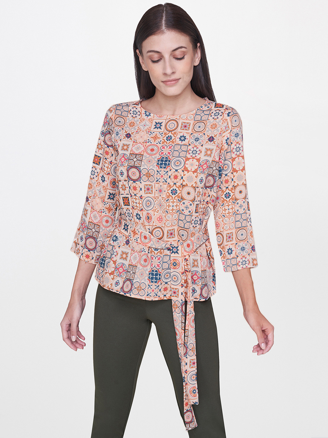 

AND Women Peach-Coloured Printed Top