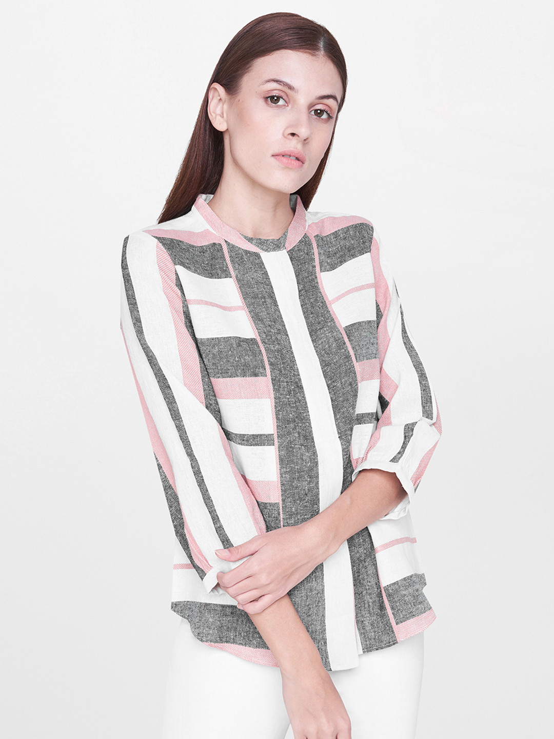 

AND Women White and Grey Striped Shirt Style Pure Cotton Top