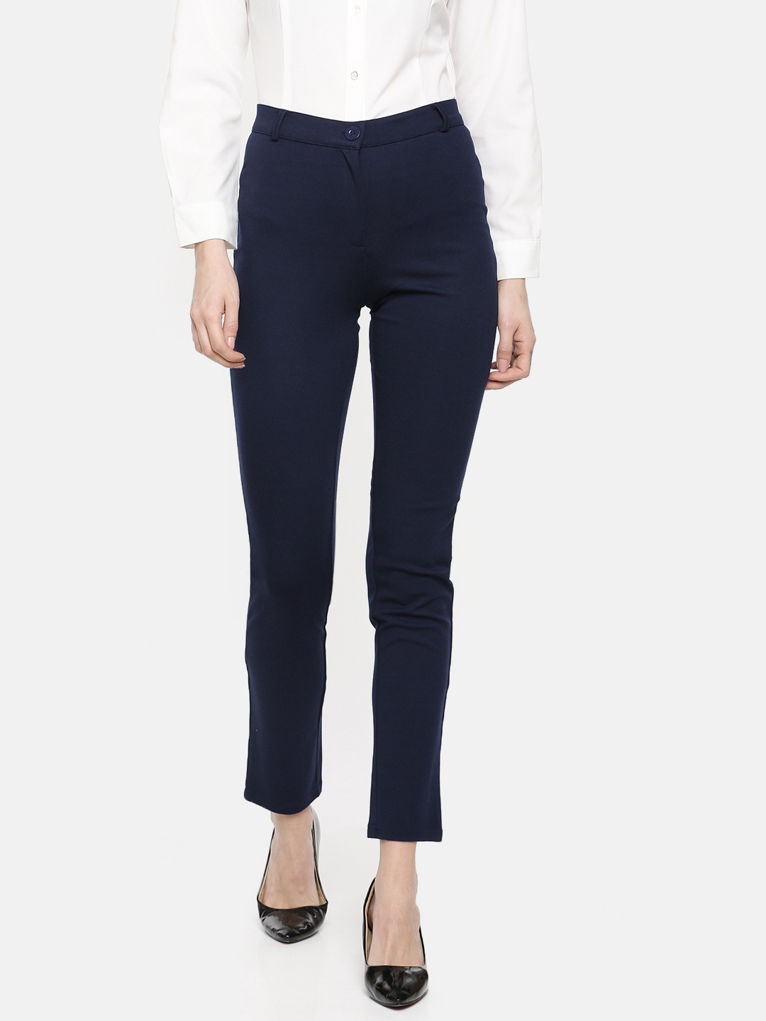 

AND Women Navy Blue Regular Fit Knitted Solid Regular Trousers