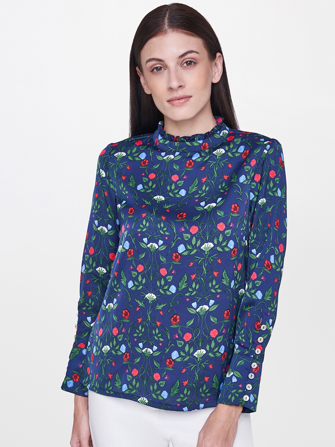 

AND Women Navy Blue & Green Printed Top