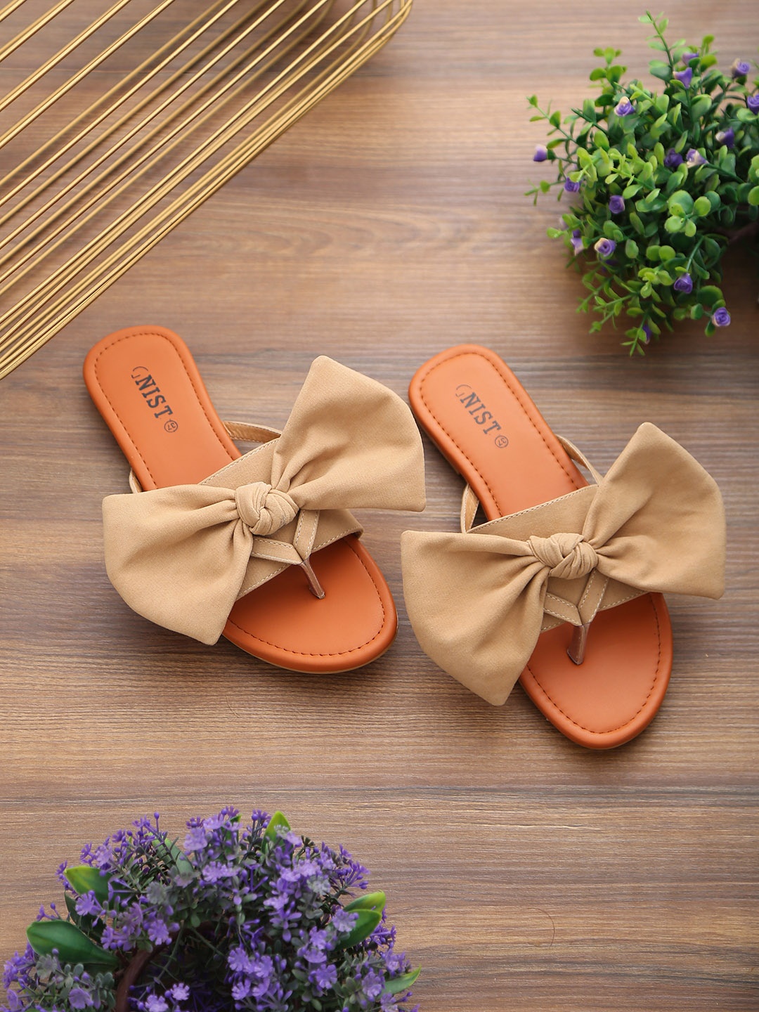 

GNIST Women Beige Solid Suede Open Toe Flats