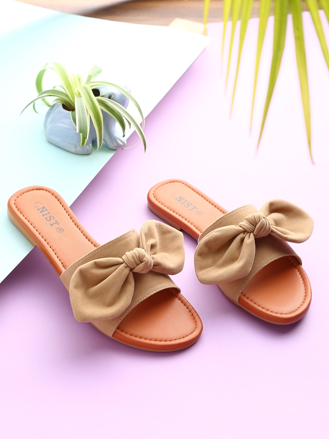

GNIST Women Beige Solid Suede Open Toe Flats