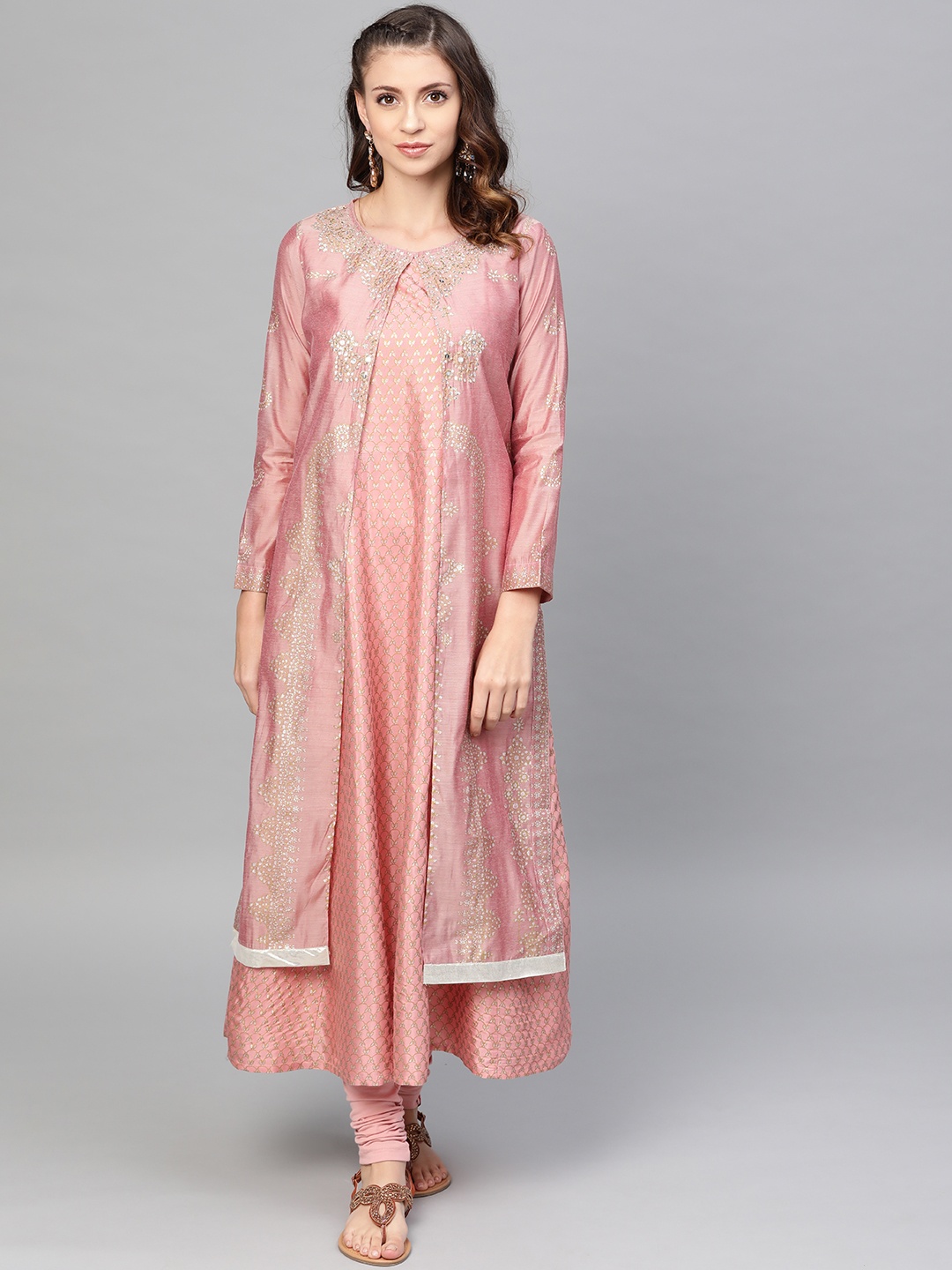 

W Women Pink & Golden Printed Layered Kurta with Leggings