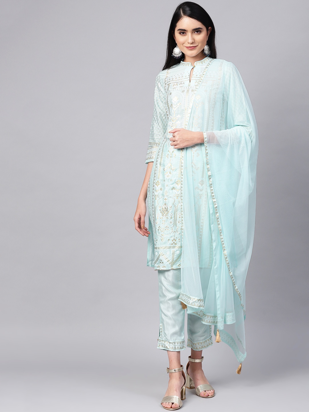 

W Women Blue & Golden Printed Kurta with Trousers & Dupatta