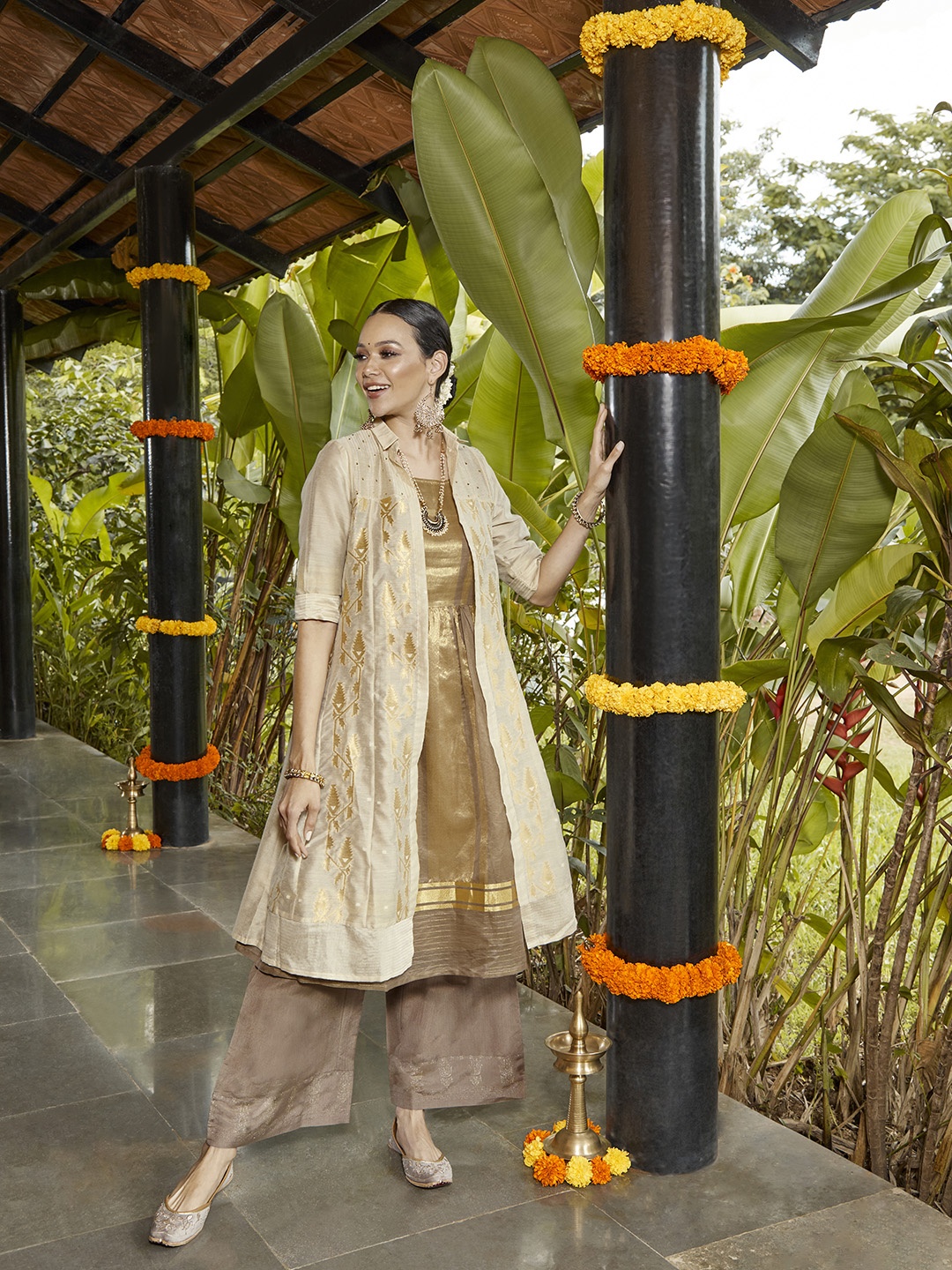 

W Women Beige & Taupe Woven Design Kurta with Palazzos & Ethnic Jacket