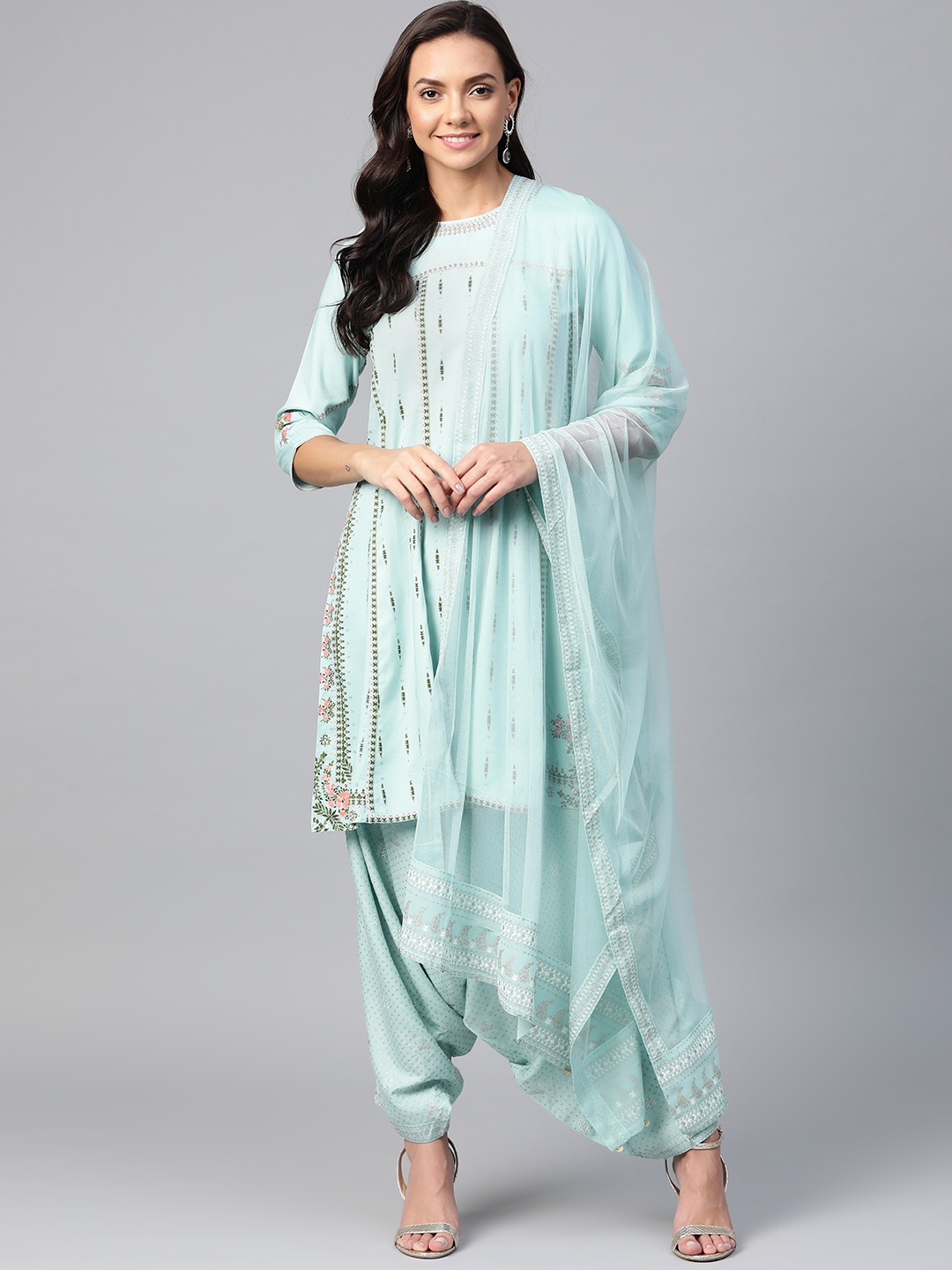 

W Women Blue & Golden Printed Kurta with Salwar & Dupatta