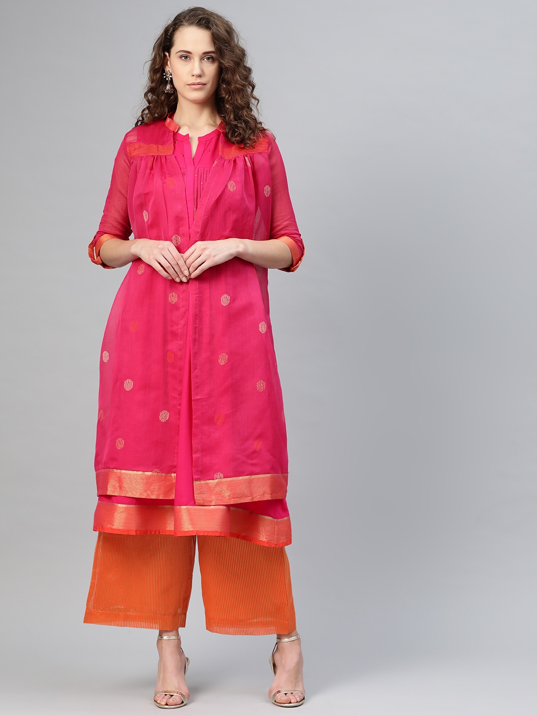 

W Women Pink & Orange Printed Layered Straight Kurta with Trousers