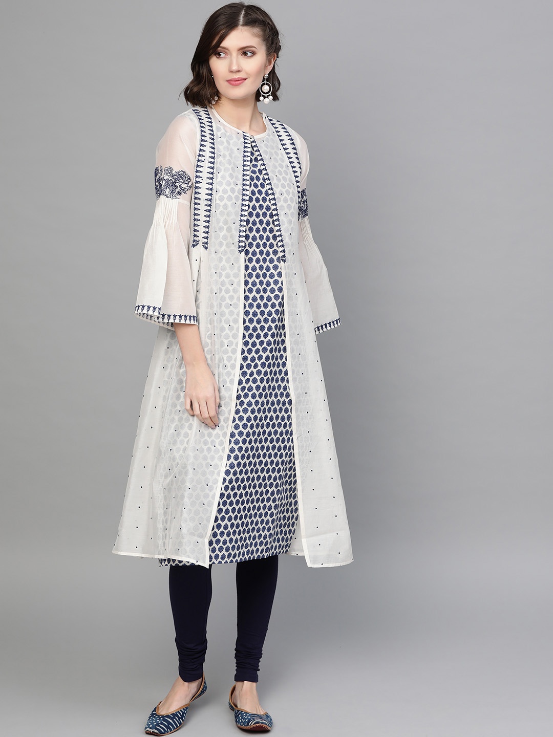 

W Women White & Navy Blue Printed Layered Kurta with Churidar