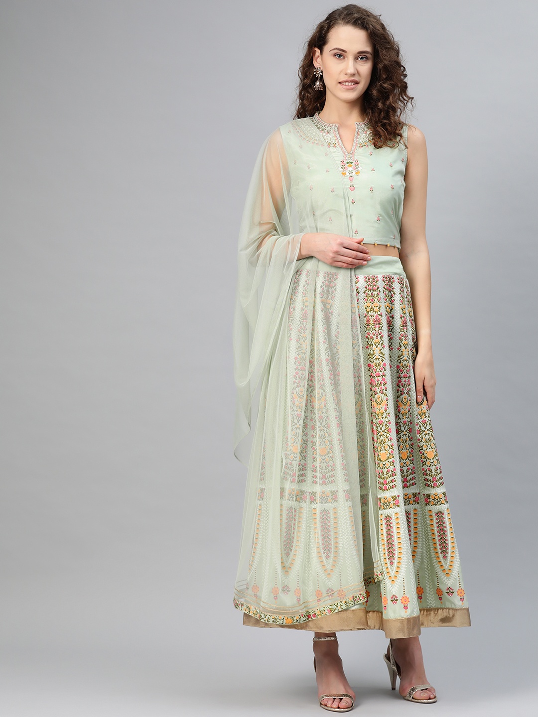 

W Women Green & Pink Embroidered Top with Skirt & Dupatta