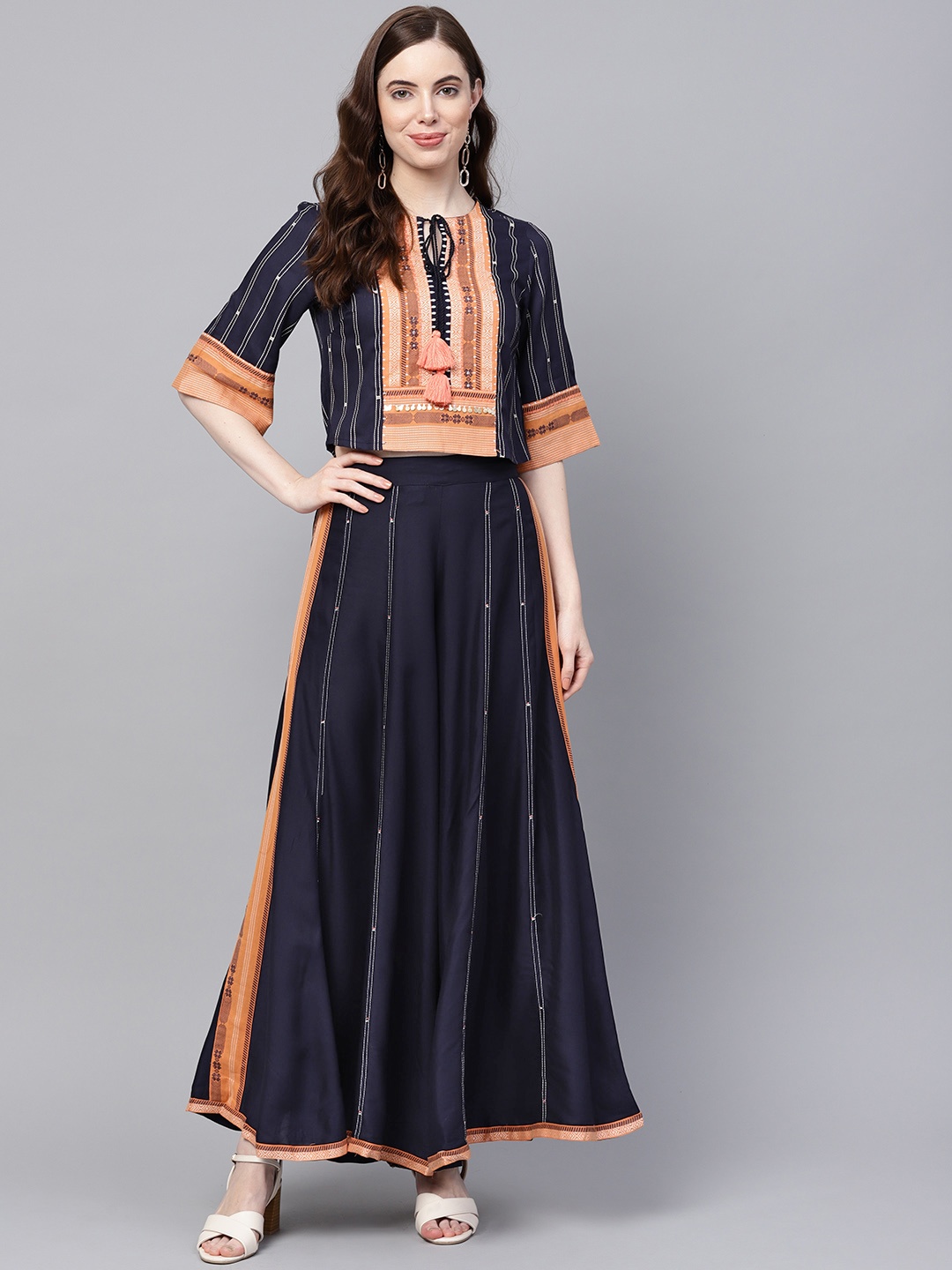 

W Women Navy Blue & Peach-Coloured Striped Top with Palazzos