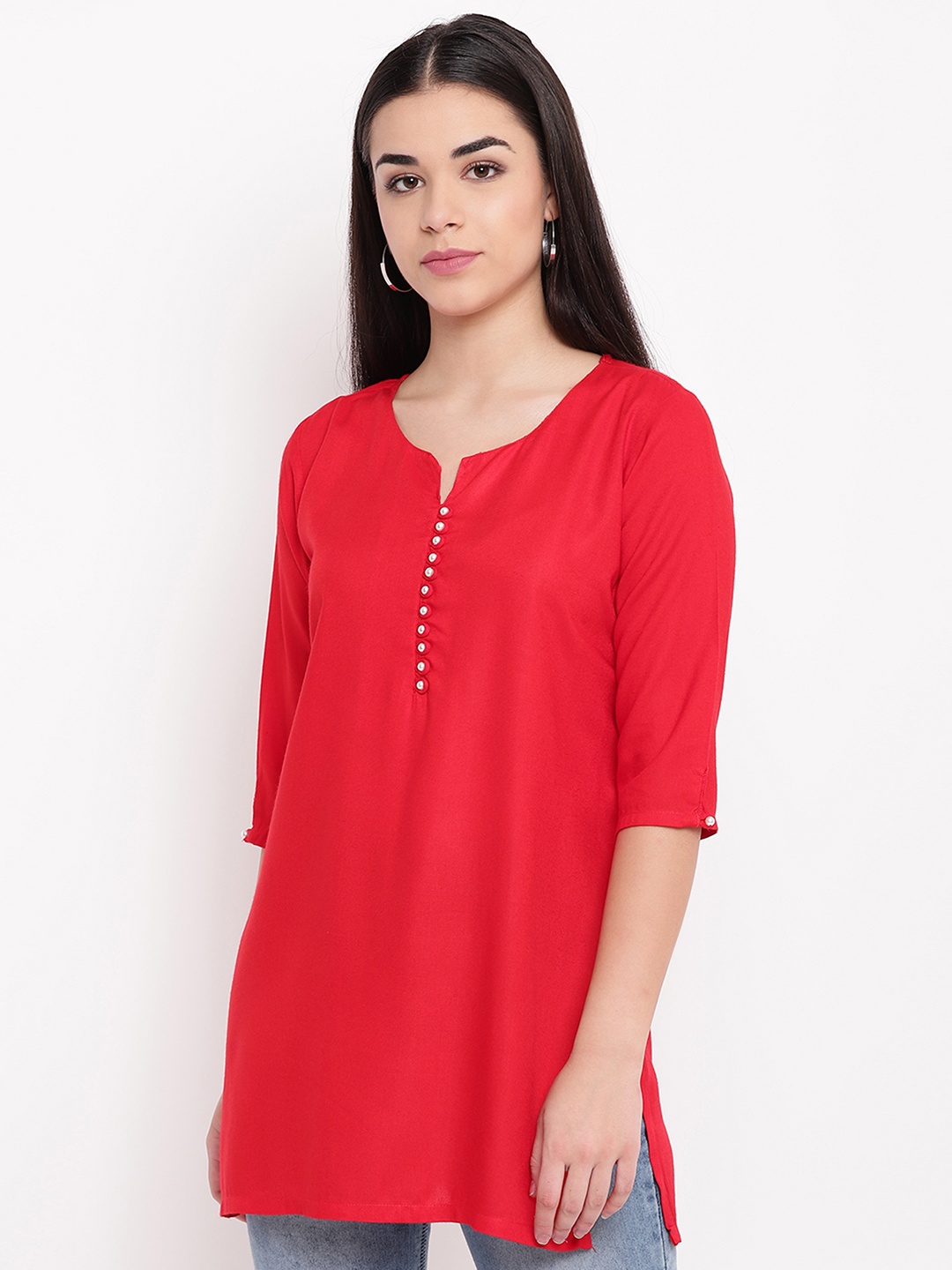 

FABNEST Women Red Solid Straight Kurta