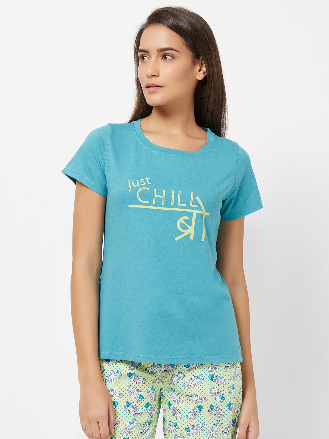 

Soie Women Turquoise Blue Printed Lounge T-shirts