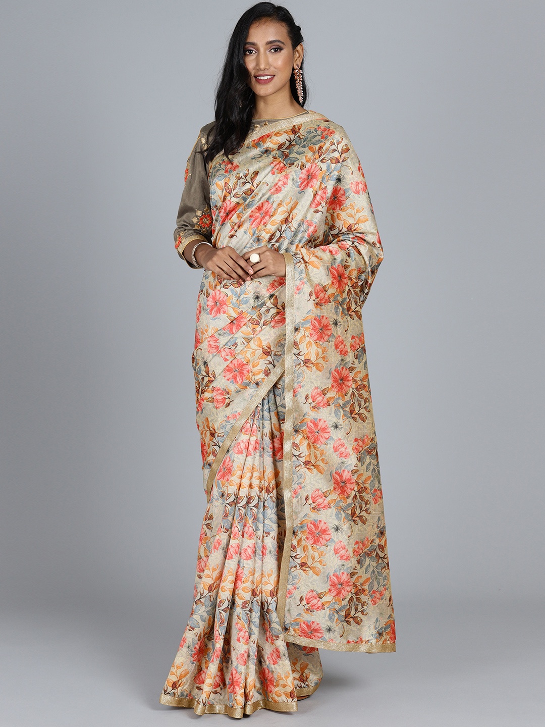 

Ethnovog Mustard Yellow Beige Art Silk Customised Digital Print Saree With Blouse