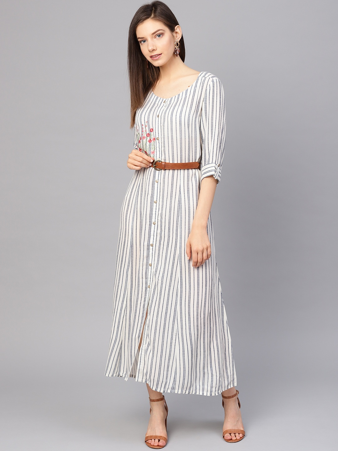 

Varanga Women Off-White & Navy Blue Striped Maxi Dress