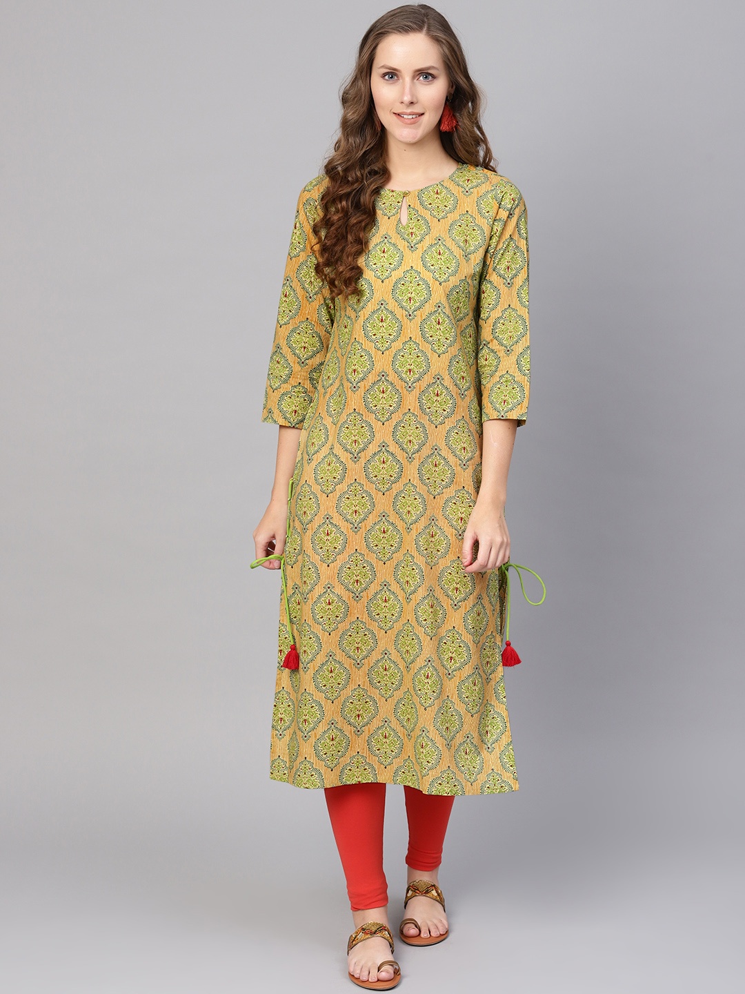 

Varanga Women Mustard Yellow & Green Printed Straight Kurta