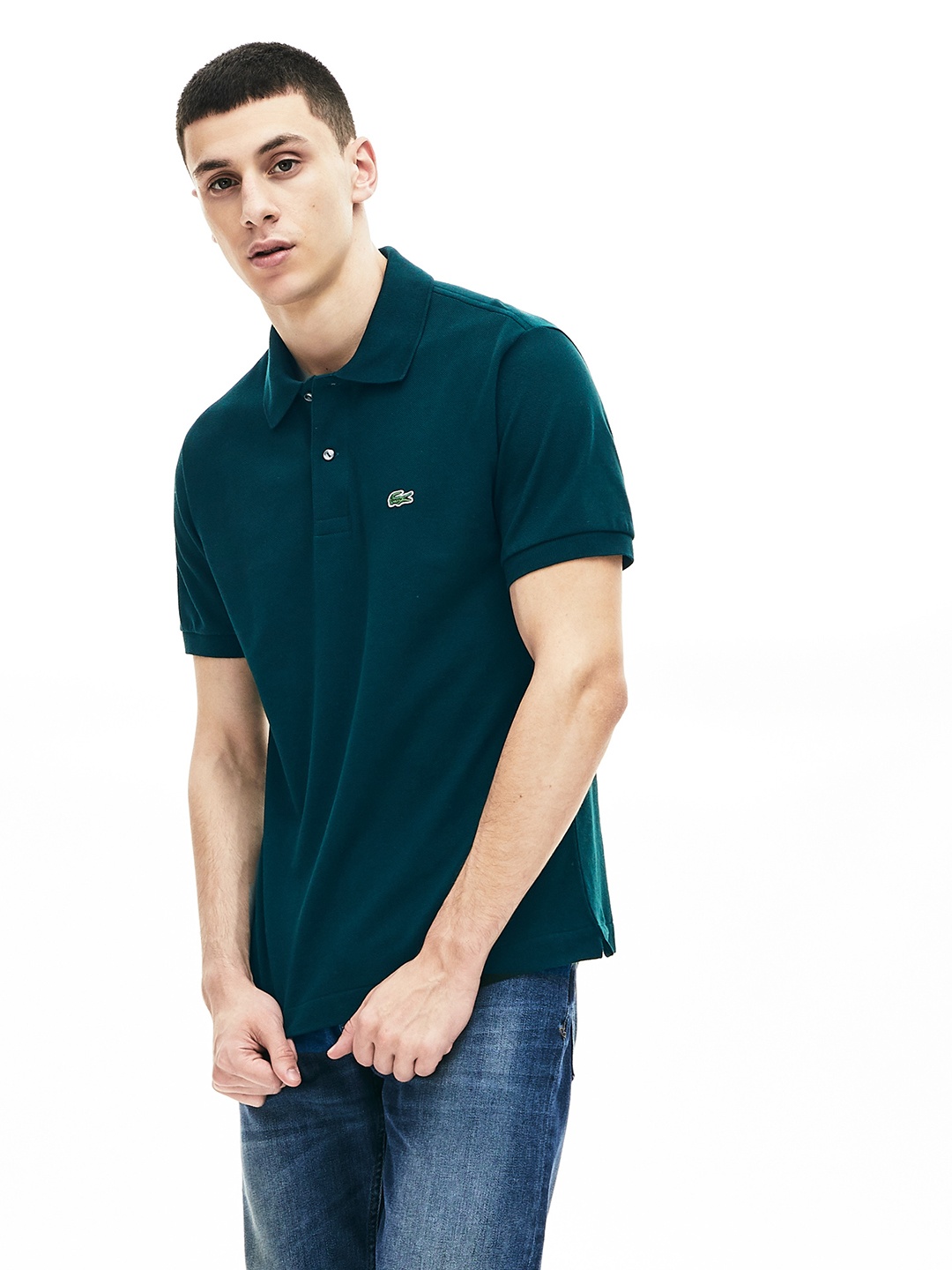 

Lacoste Men Teal Green Solid Polo Collar Pure Cotton T-shirt