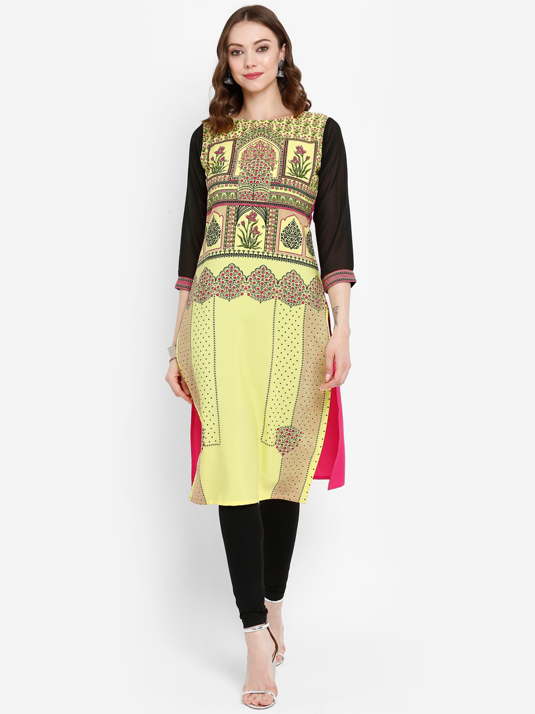 

Ahalyaa Women Yellow & Pink Printed Straight Kurta