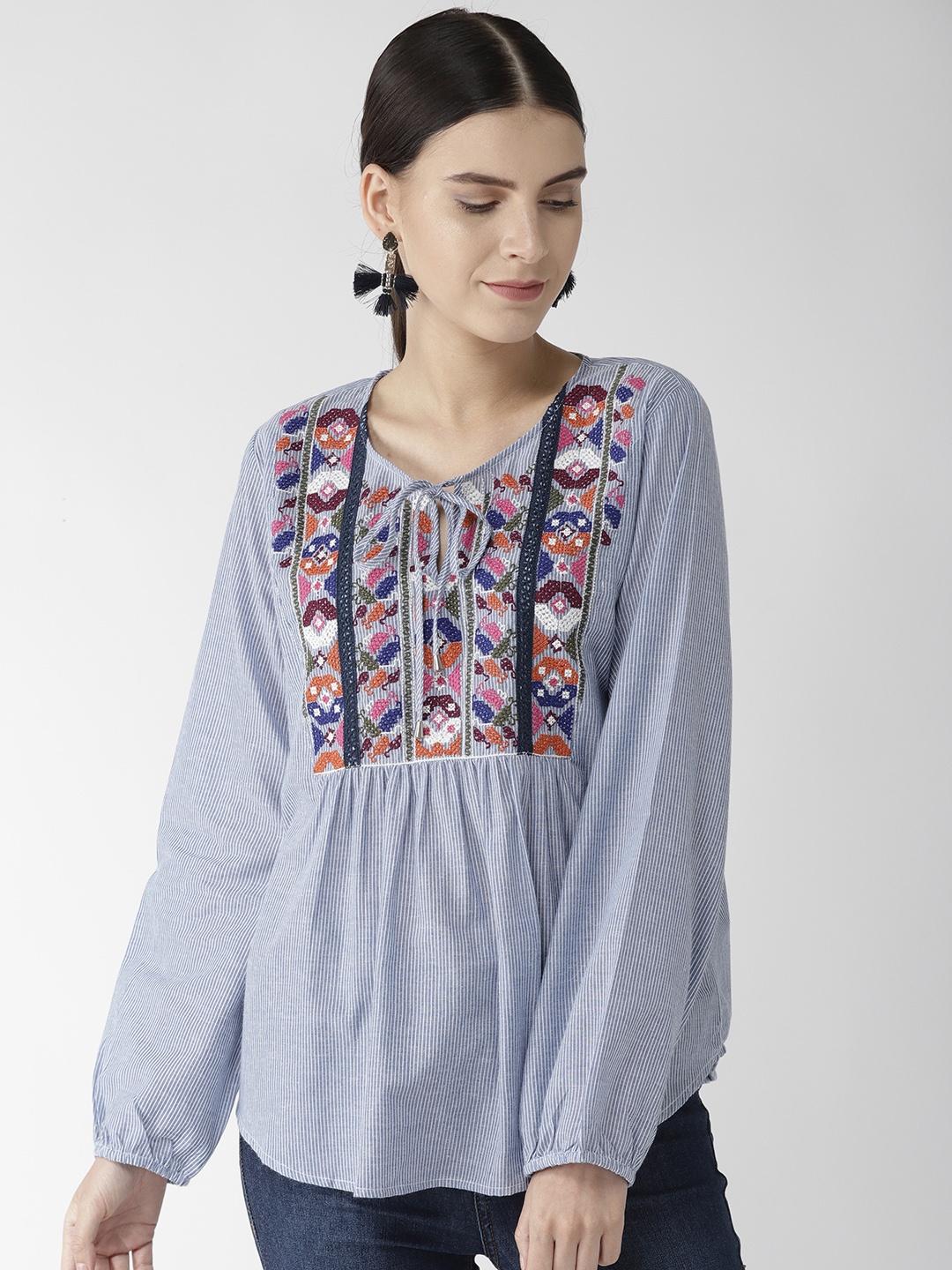

Antheaa Women Blue & White Striped Pure Cotton Top