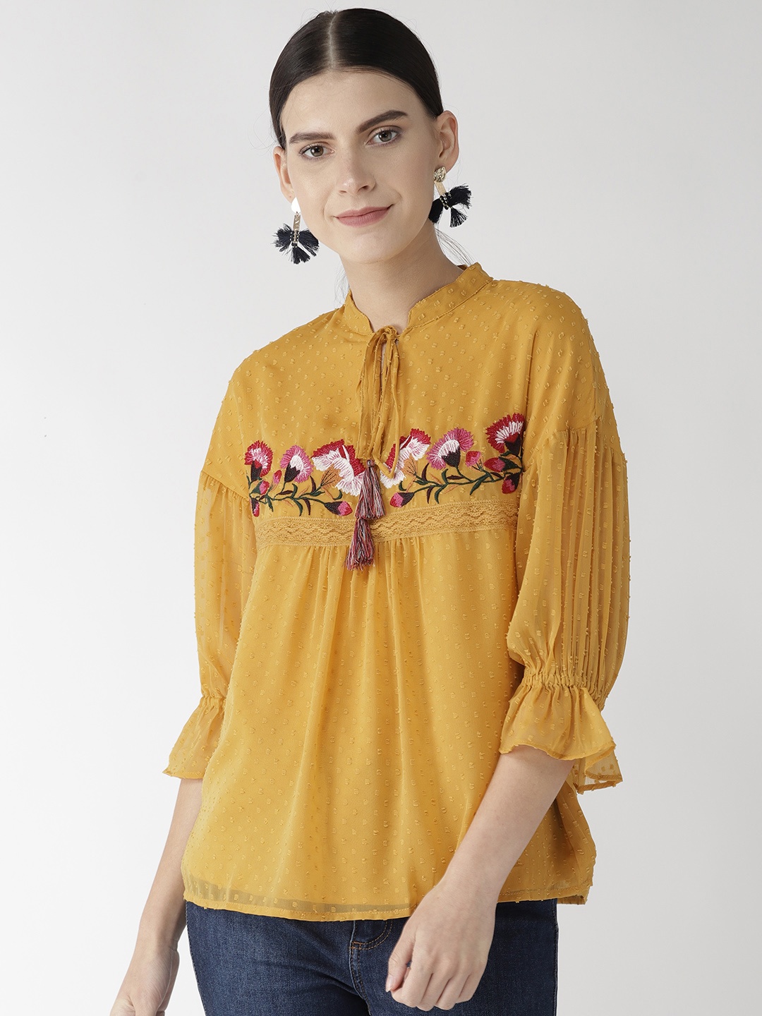 

Antheaa Women Mustard Yellow Self Design A-Line Top