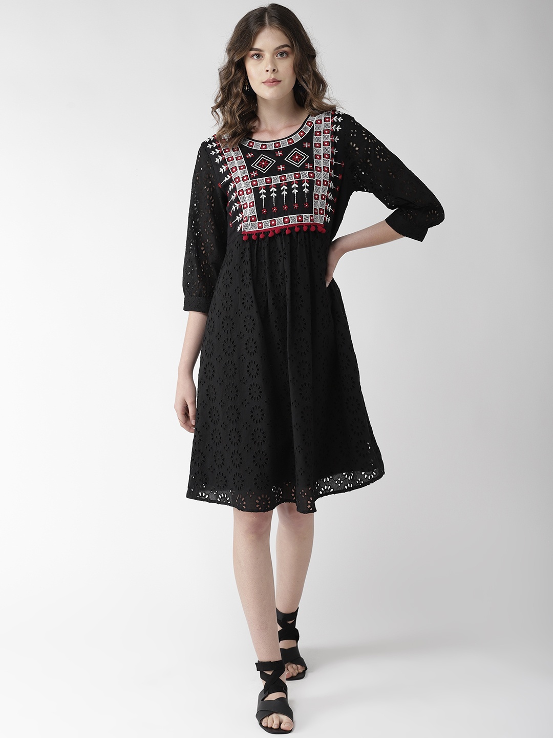 

Antheaa Women Black & White Schiffli Embroidered A-Line Dress