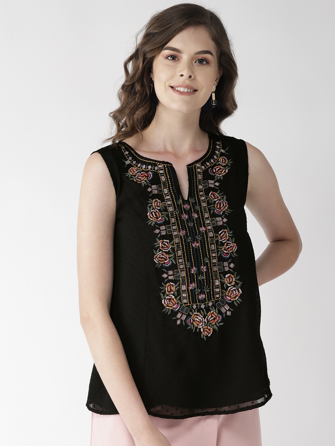 

Antheaa Women Black Self Design A-Line Top