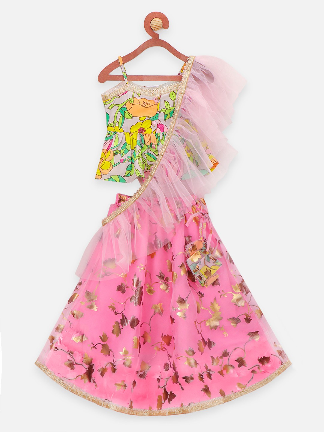 

LilPicks Girls Pink & Gold-Toned Printed Ready to Wear Lehenga & Blouse with Dupatta