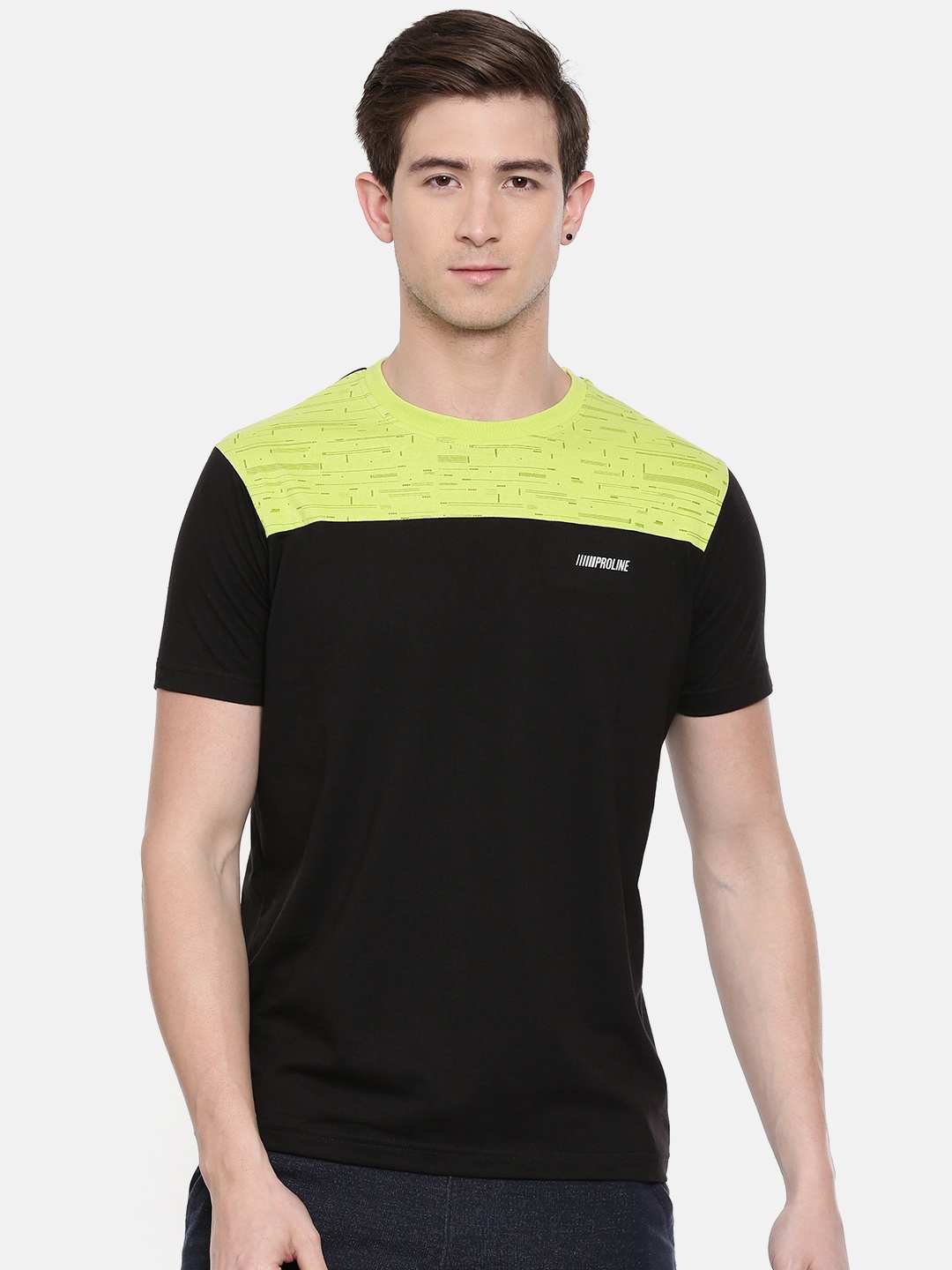 

Proline Active Men Black Lime Green Colourblocked Round Neck Pure Cotton T-shirt