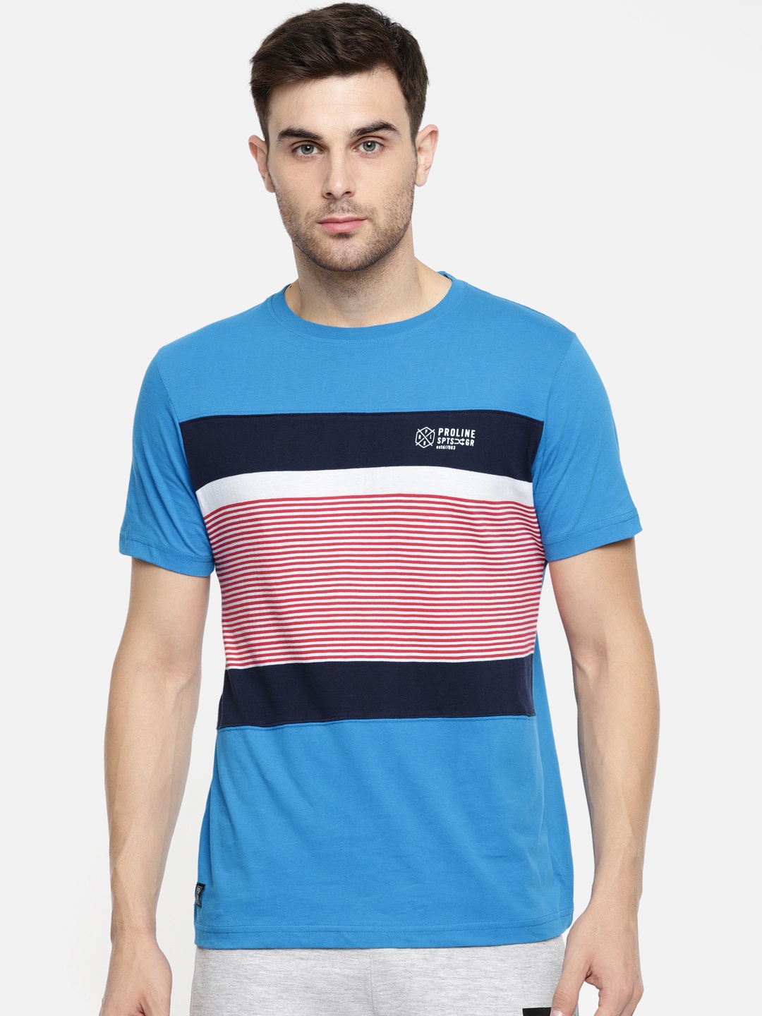 

Proline Active Men Blue Striped Round Neck Pure Cotton T-shirt
