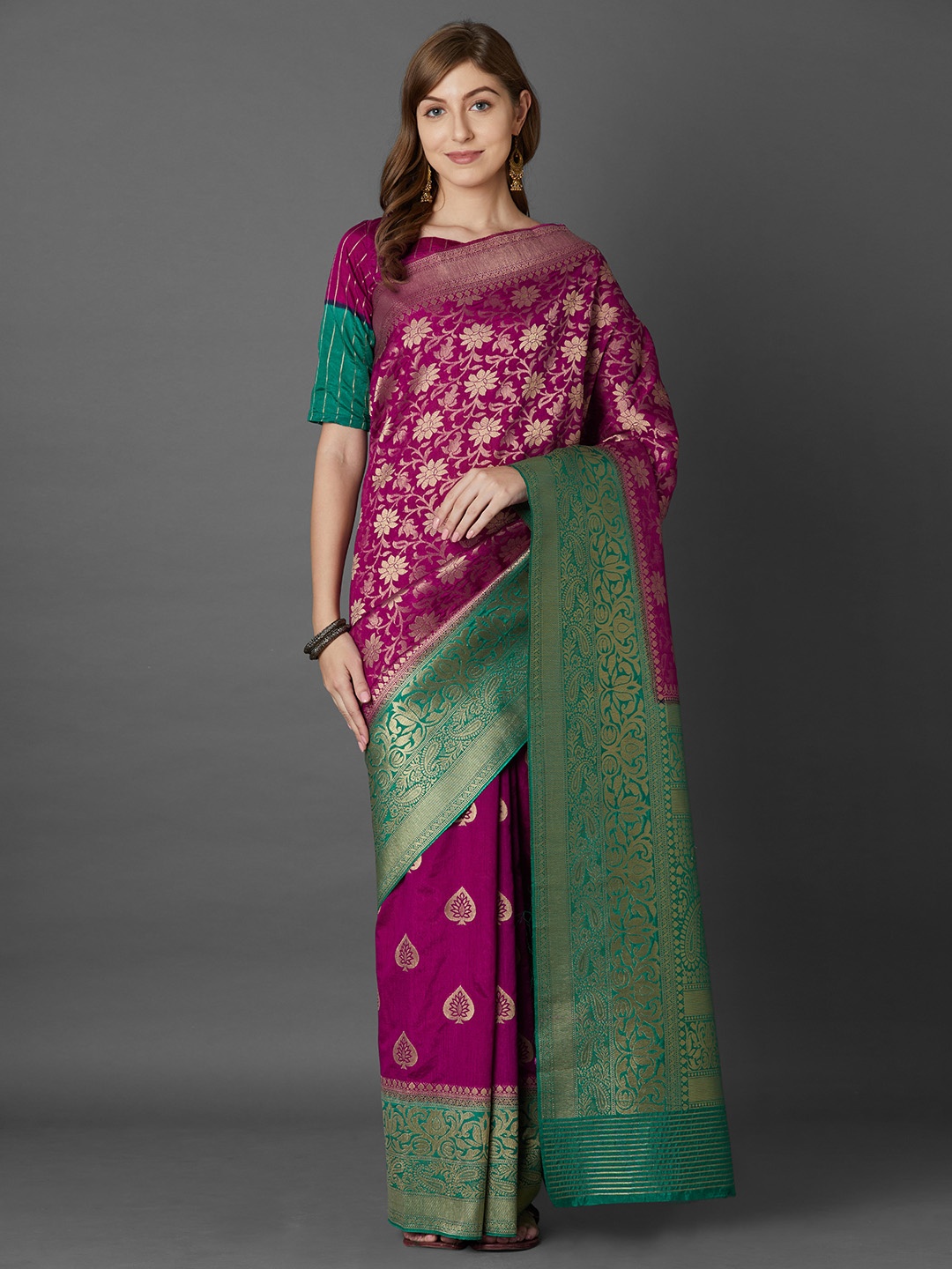 

Mitera Magenta & Green Silk Blend Woven Design Banarasi Saree