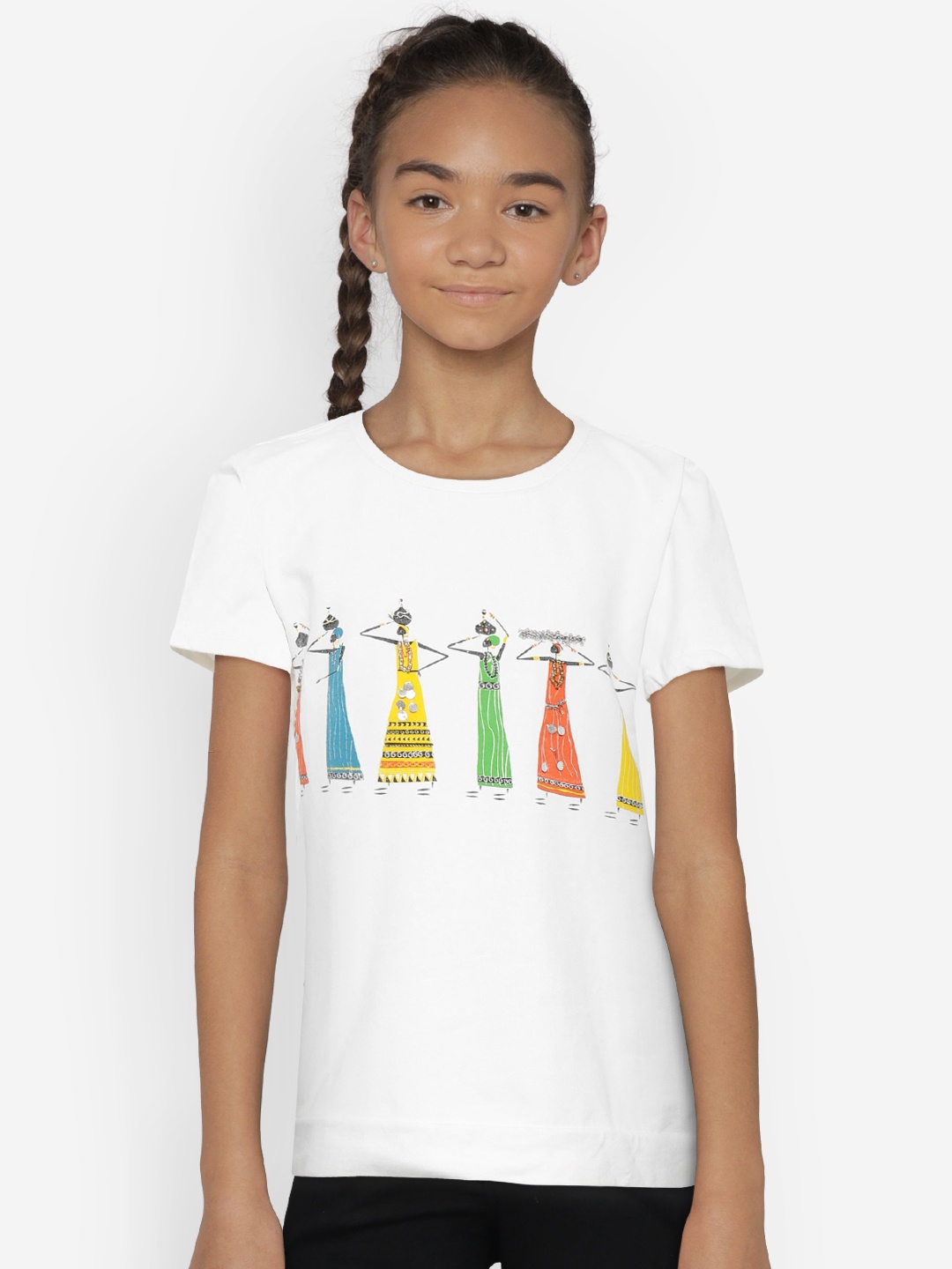 

Natilene Girls White Printed Round Neck T-shirt with Embellished Detail