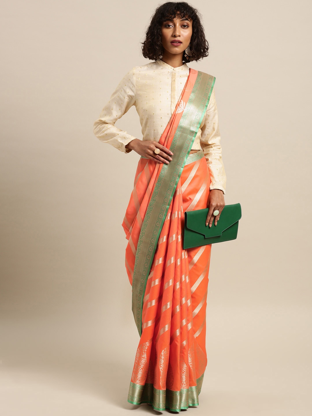 

Varkala Silk Sarees Peach-Coloured Silk Blend Striped Kanjeevaram Saree