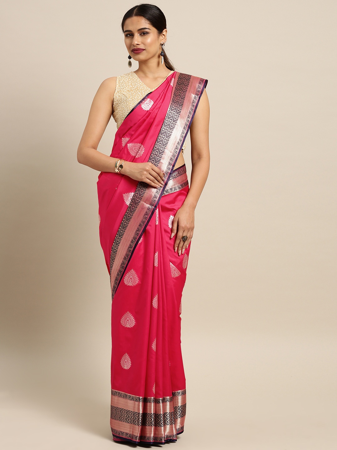 

Varkala Silk Sarees Pink & Navy Blue Silk Blend Woven Design Kanjeevaram Saree