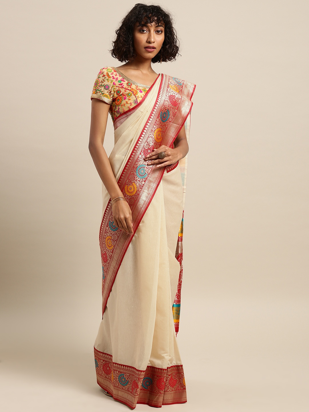 

Varkala Silk Sarees Cream-Coloured & Red Cotton Blend Solid Banarasi Saree