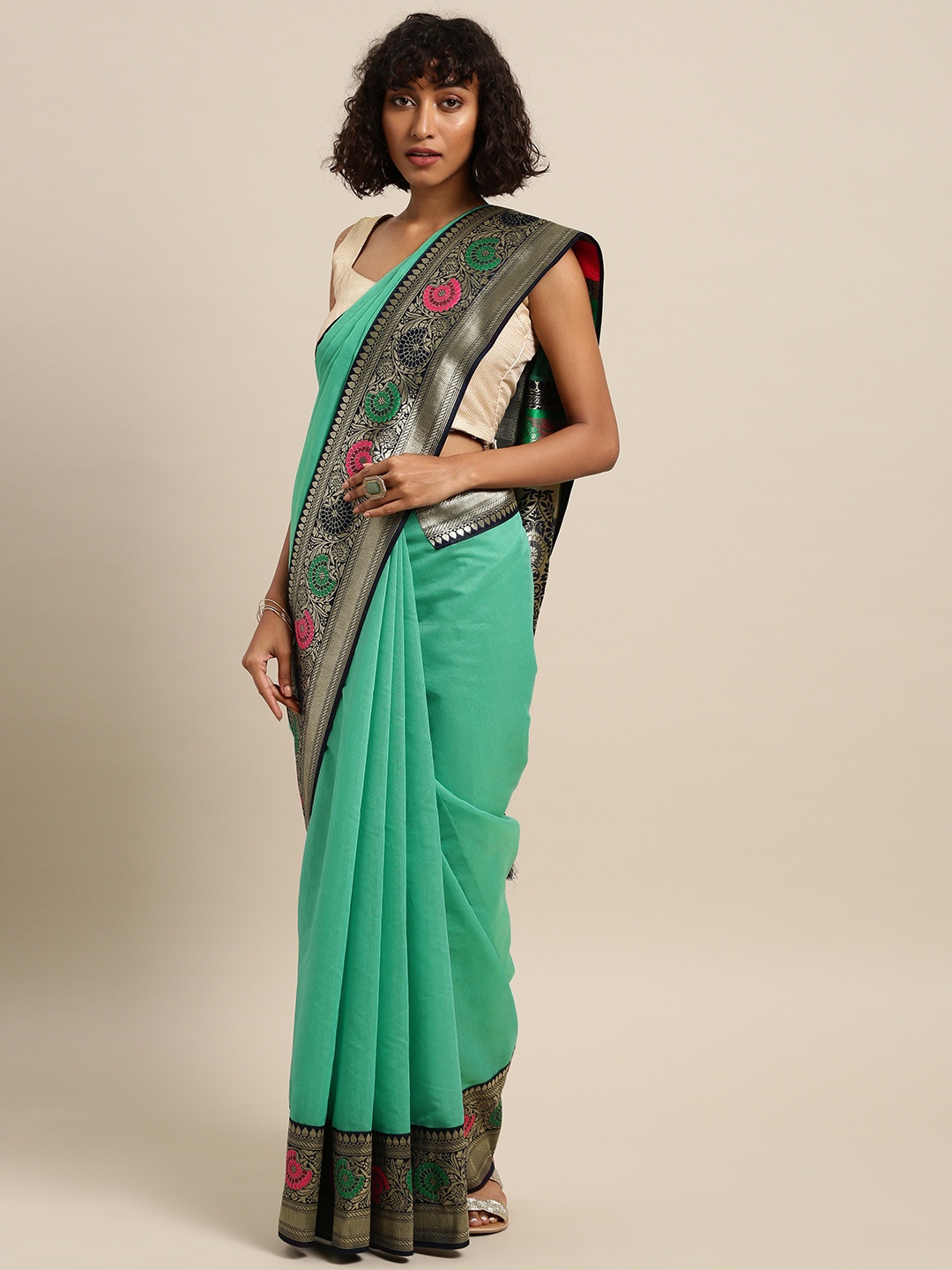 

Varkala Silk Sarees Teal & Navy Blue Cotton Blend Solid Banarasi Saree