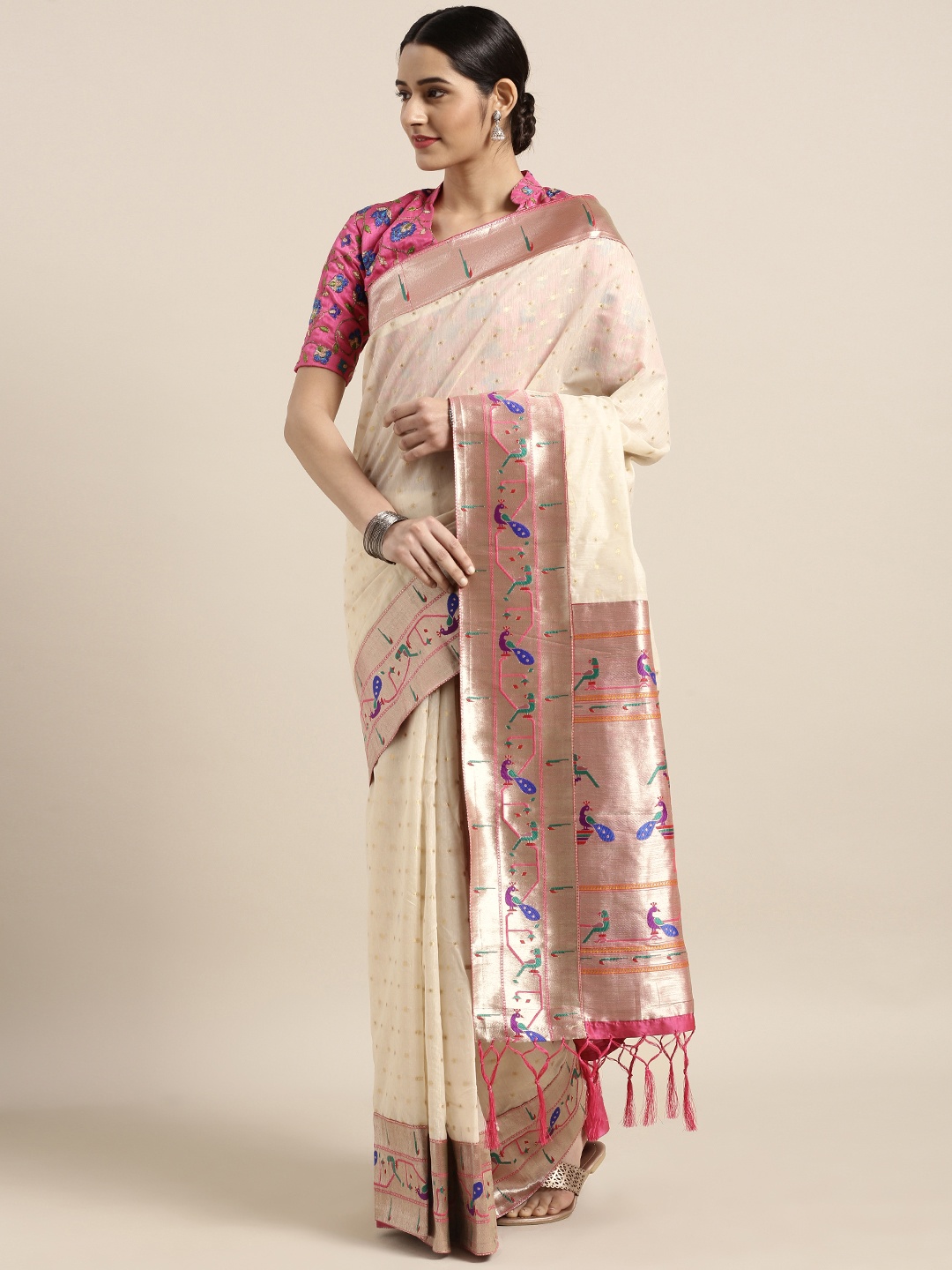 

Varkala Silk Sarees Cream-Coloured & Pink Cotton Blend Woven Design Banarasi Saree