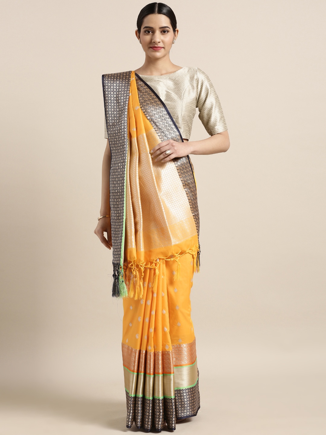 

Varkala Silk Sarees Mustard Yellow & Navy Blue Silk Blend Woven Design Kanjeevaram Saree