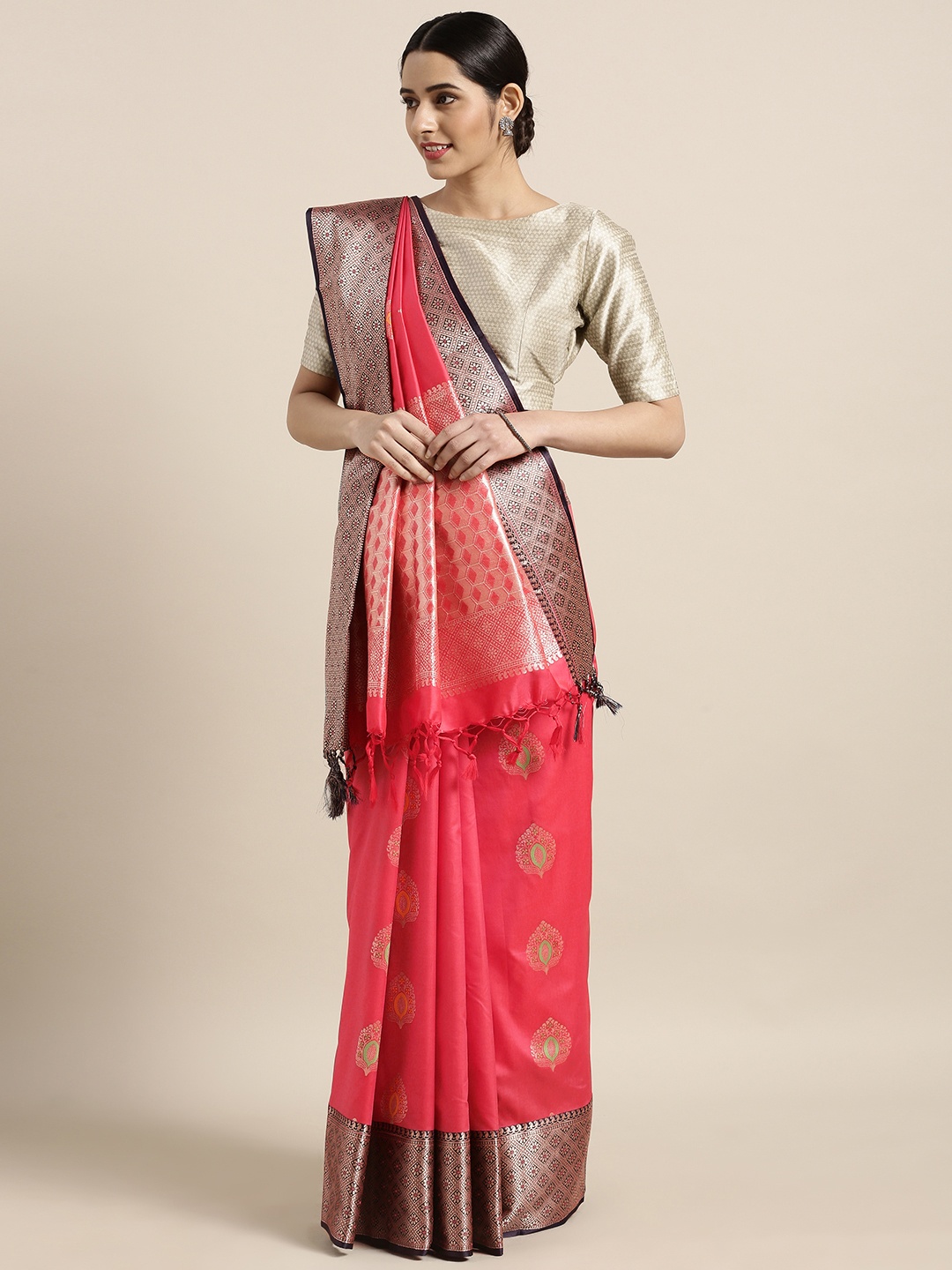 

Varkala Silk Sarees Coral Pink Silk Blend Woven Design Kanjeevaram Saree