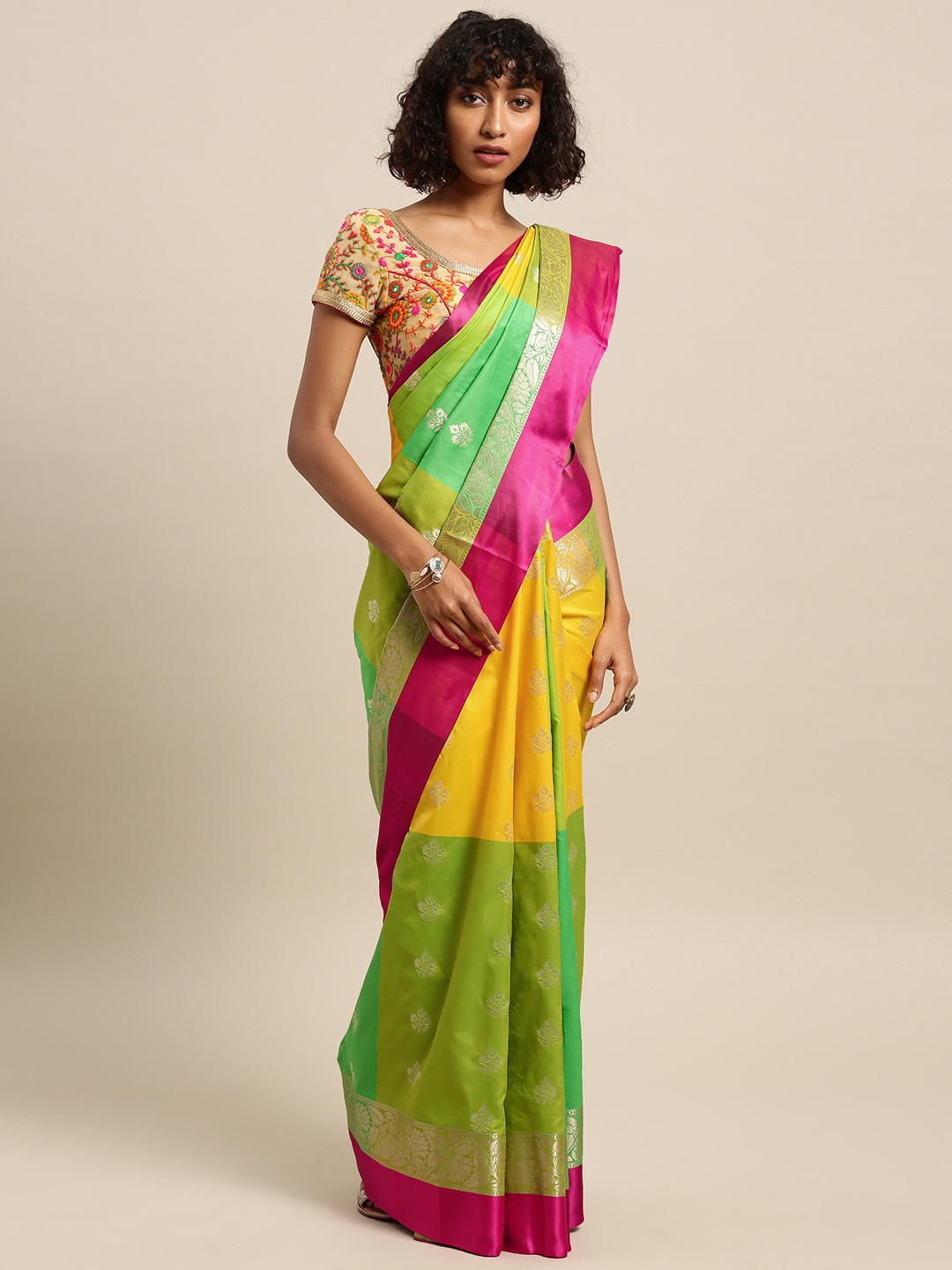 

Varkala Silk Sarees Green & Pink Silk Blend Woven Design Kanjeevaram Saree