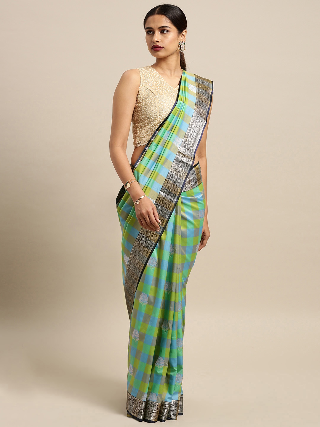 

Varkala Silk Sarees Blue & Olive Green Silk Blend Checked Kanjeevaram Saree