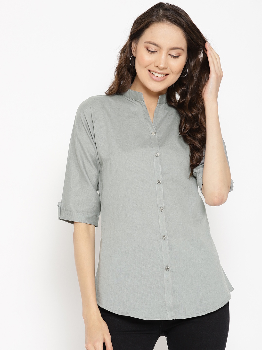 

Vastraa Fusion Women Grey Regular Fit Solid Casual Shirt