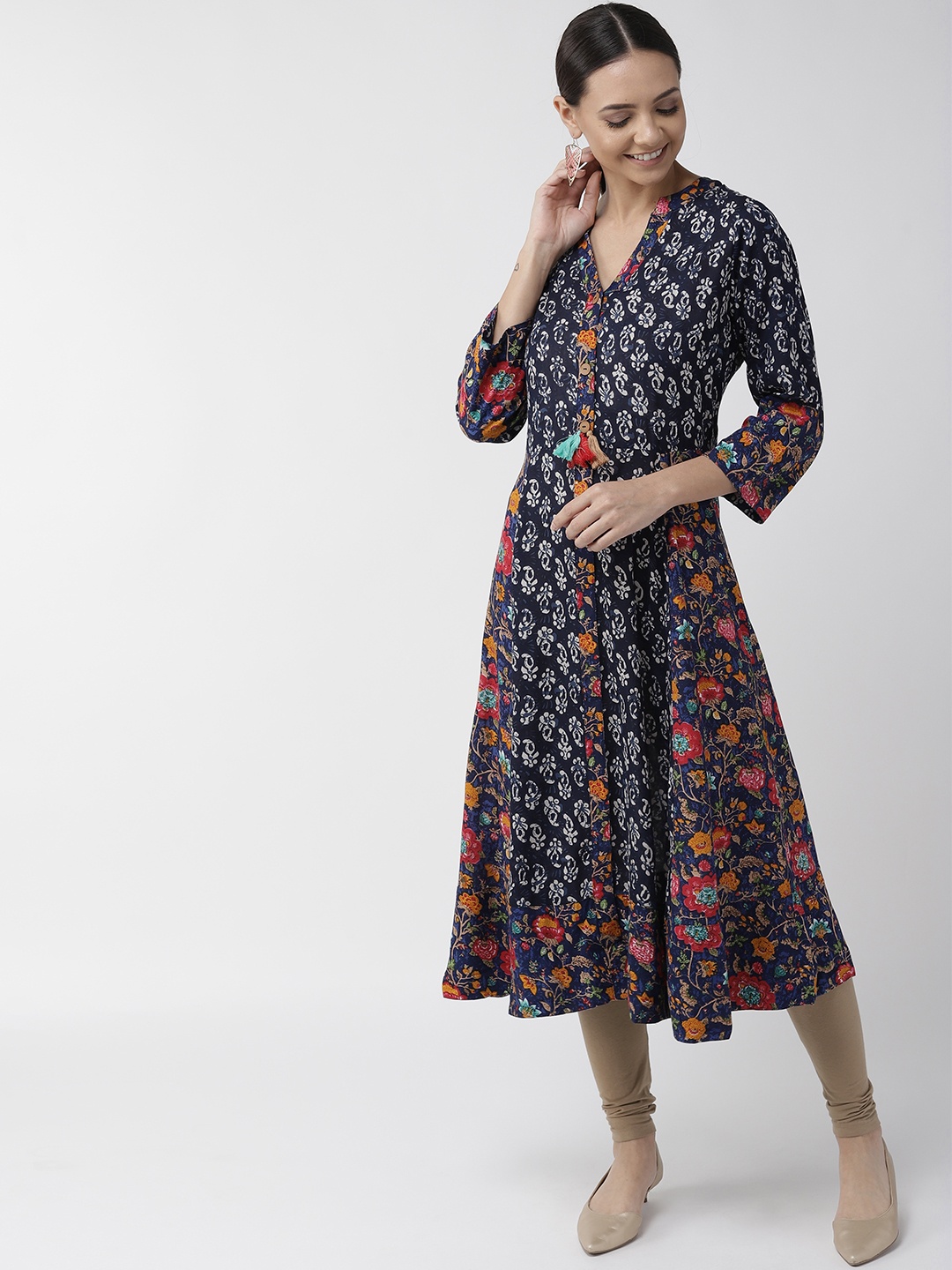 

plusS Women Navy Blue & Pink Floral Print A-Line Kurta