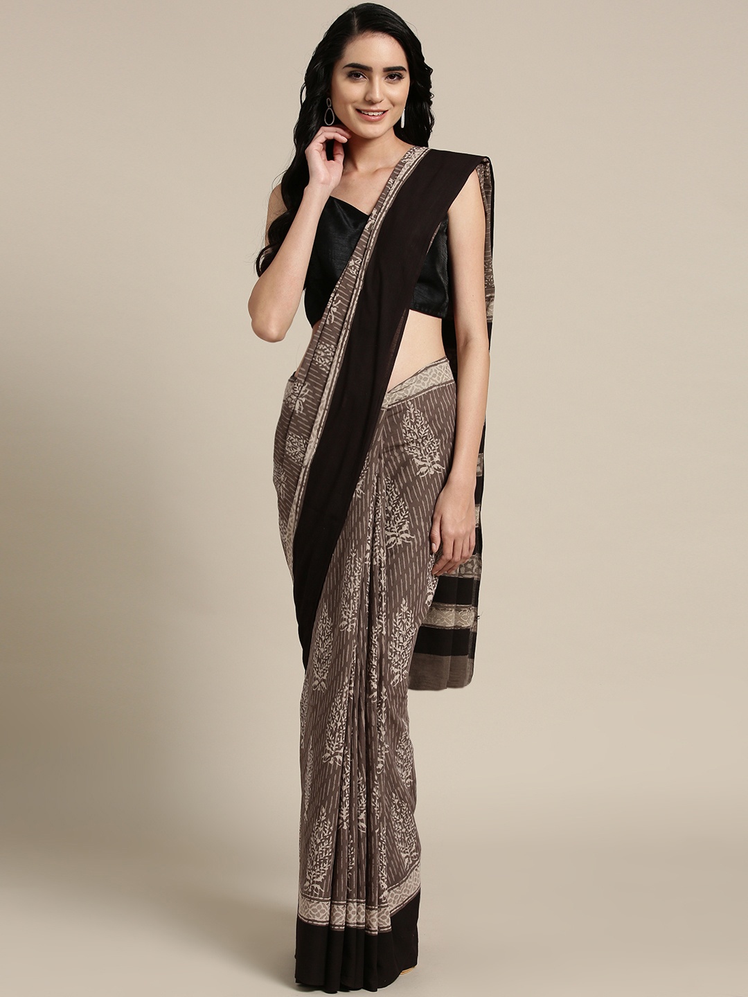 

Geroo Jaipur Brown & Black Bagru Hand Block Printed Pure Cotton Sustainable Saree
