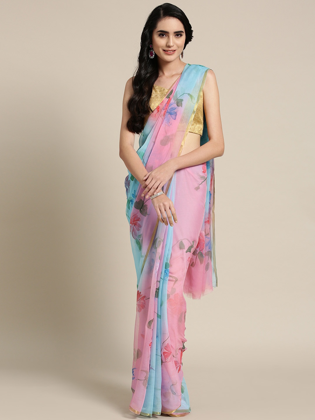 

Geroo Jaipur Blue & Pink Hand Painted Floral Chiffon Saree