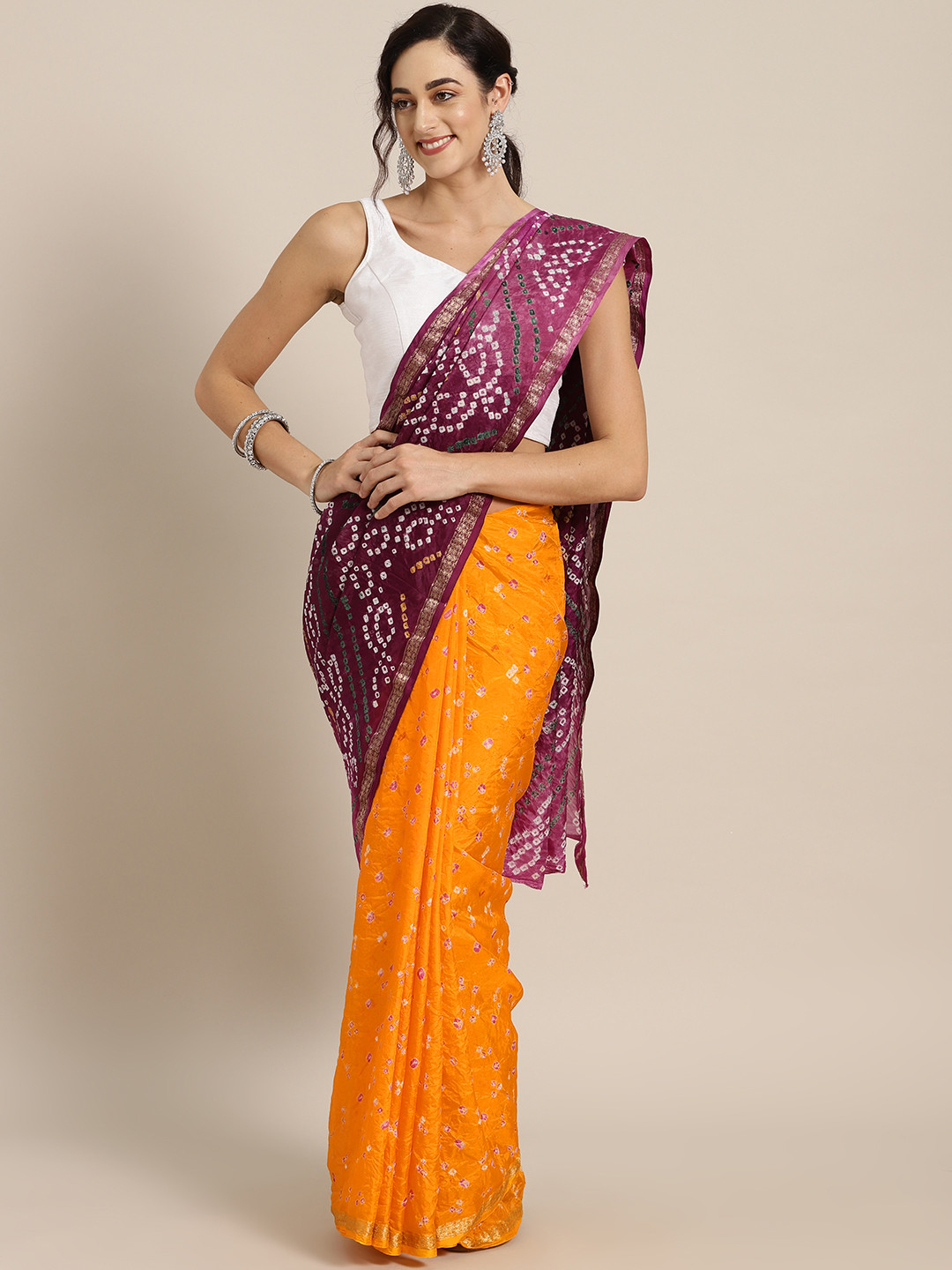 

Geroo Jaipur Yellow & Purple Hand Dyed Bandhani Half & Half Saree