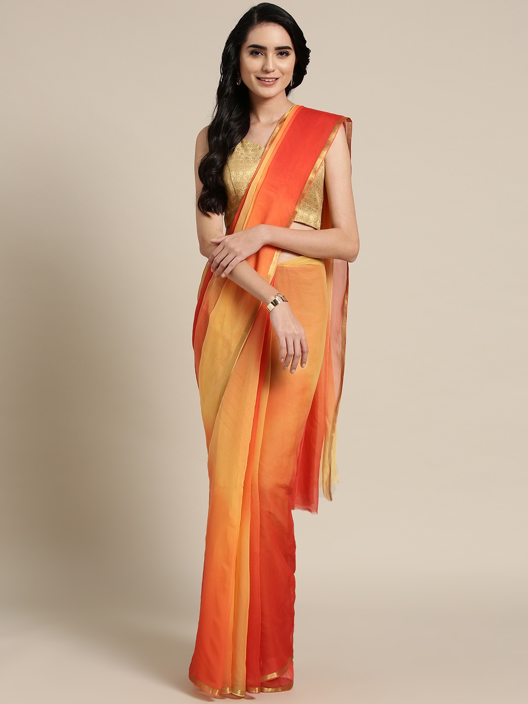 

Geroo Jaipur Hand Dyed Shaded Saree With Block Print Blouse, Orange