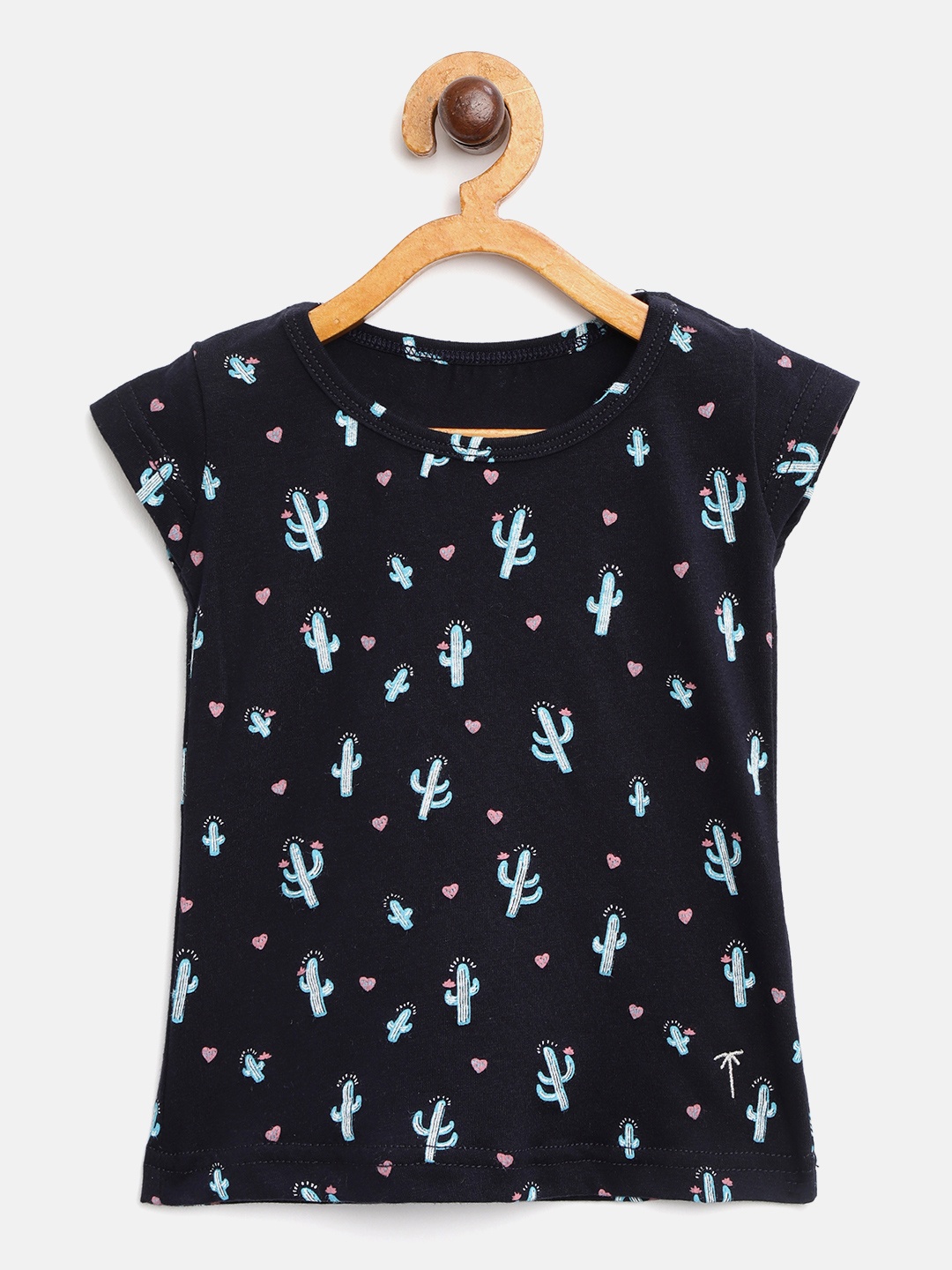 

Palm Tree Girls Navy Blue & White Cactus & Heart Print Round Neck T-shirt
